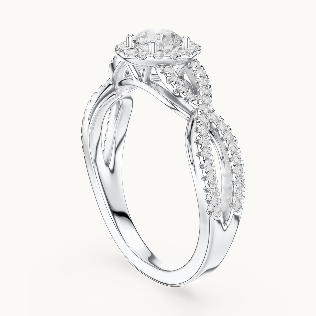 Round lab-grown diamond twisted halo engagement ring in 14K white gold, 0.83 CT TW, view 1