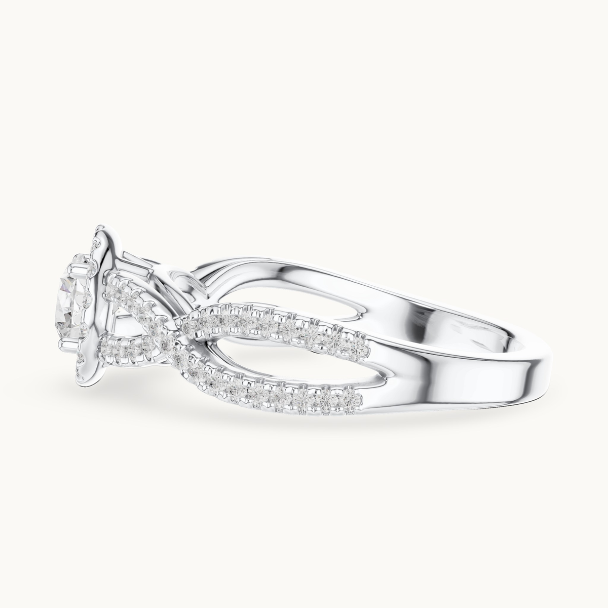Round lab-grown diamond twisted halo engagement ring in 14K white gold, 0.83 CT TW, view 3