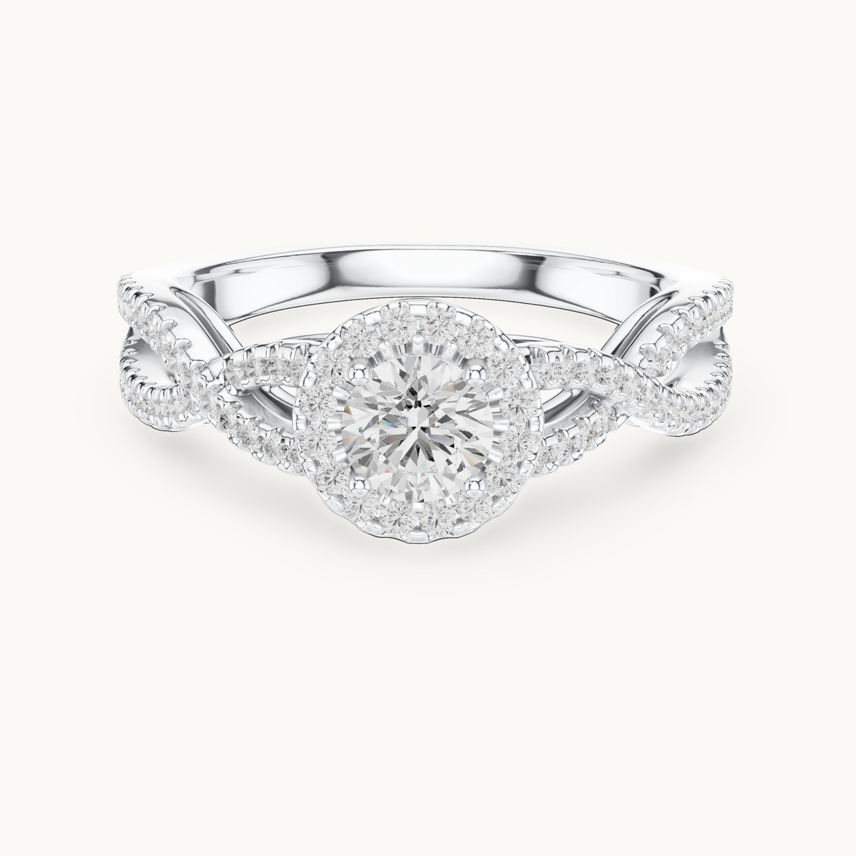 Round lab-grown diamond twisted halo engagement ring in 14K white gold, 0.83 CT TW, view 4