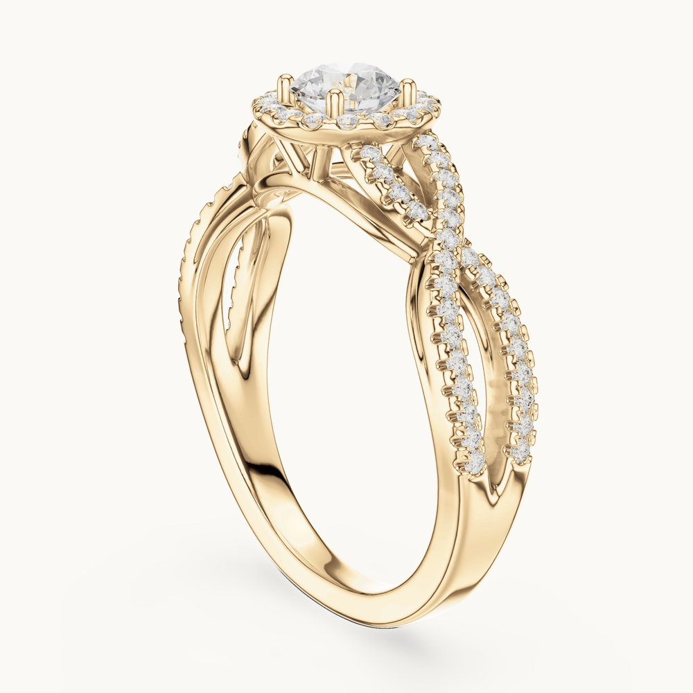 Round lab-grown diamond twisted halo engagement ring in 14K yellow gold, 0.83 CT TW, view 1