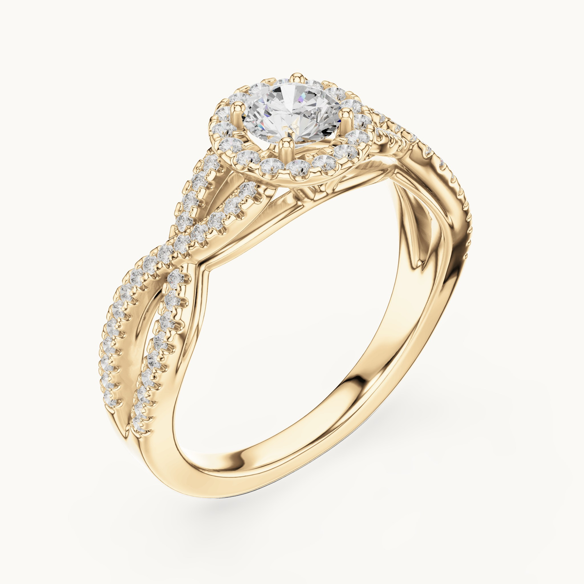 Round lab-grown diamond twisted halo engagement ring in 14K yellow gold, 0.83 CT TW, view 2
