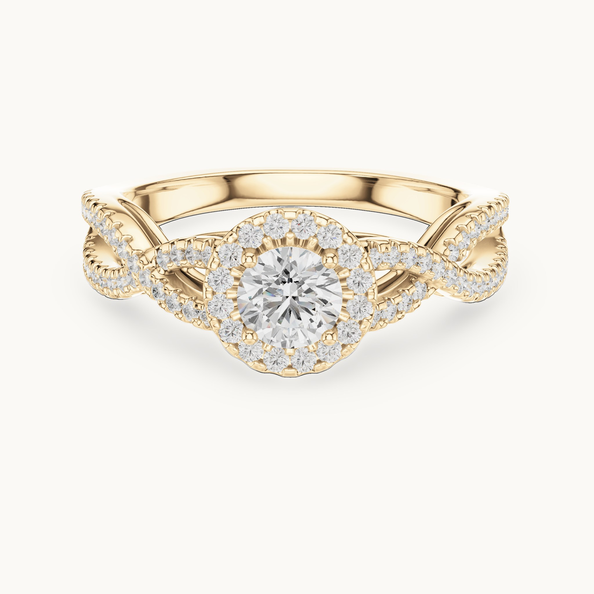 Round lab-grown diamond twisted halo engagement ring in 14K yellow gold, 0.83 CT TW, view 4