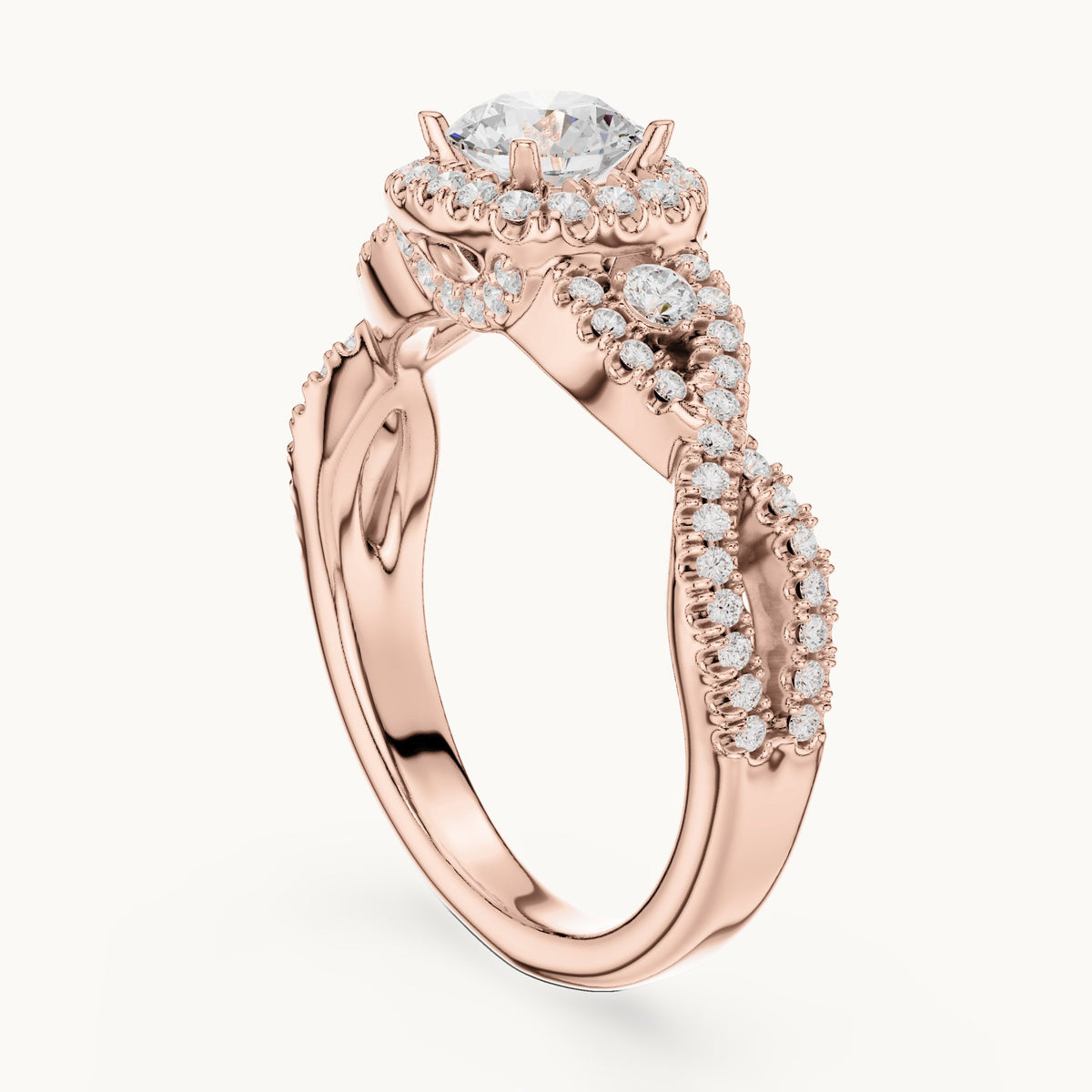 Round lab-grown diamond twisted halo engagement ring in rose gold, 1.21 CT TW, view 1
