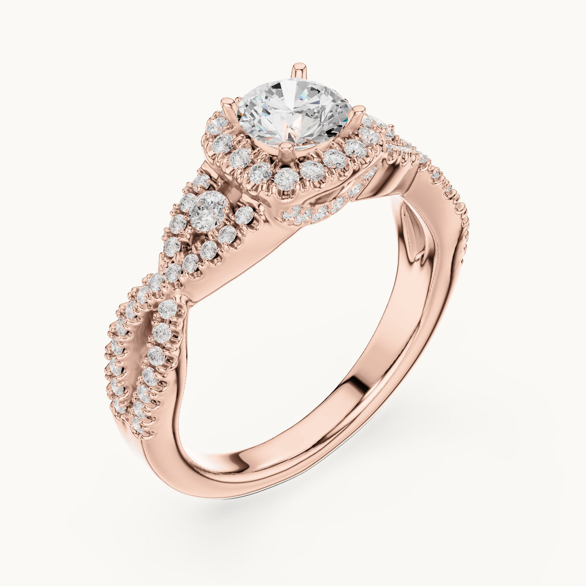 Round lab-grown diamond twisted halo engagement ring in rose gold, 1.21 CT TW, view 2