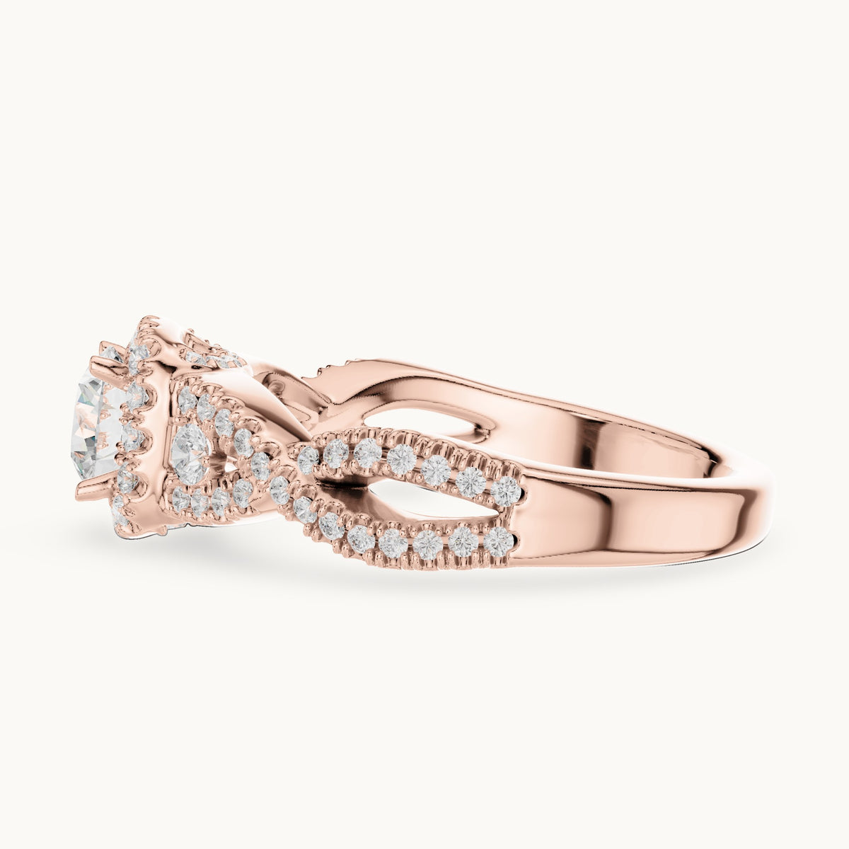 Round lab-grown diamond twisted halo engagement ring in rose gold, 1.21 CT TW, view 3