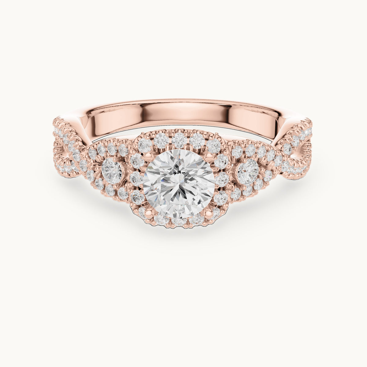 Round lab-grown diamond twisted halo engagement ring in rose gold, 1.21 CT TW, view 4