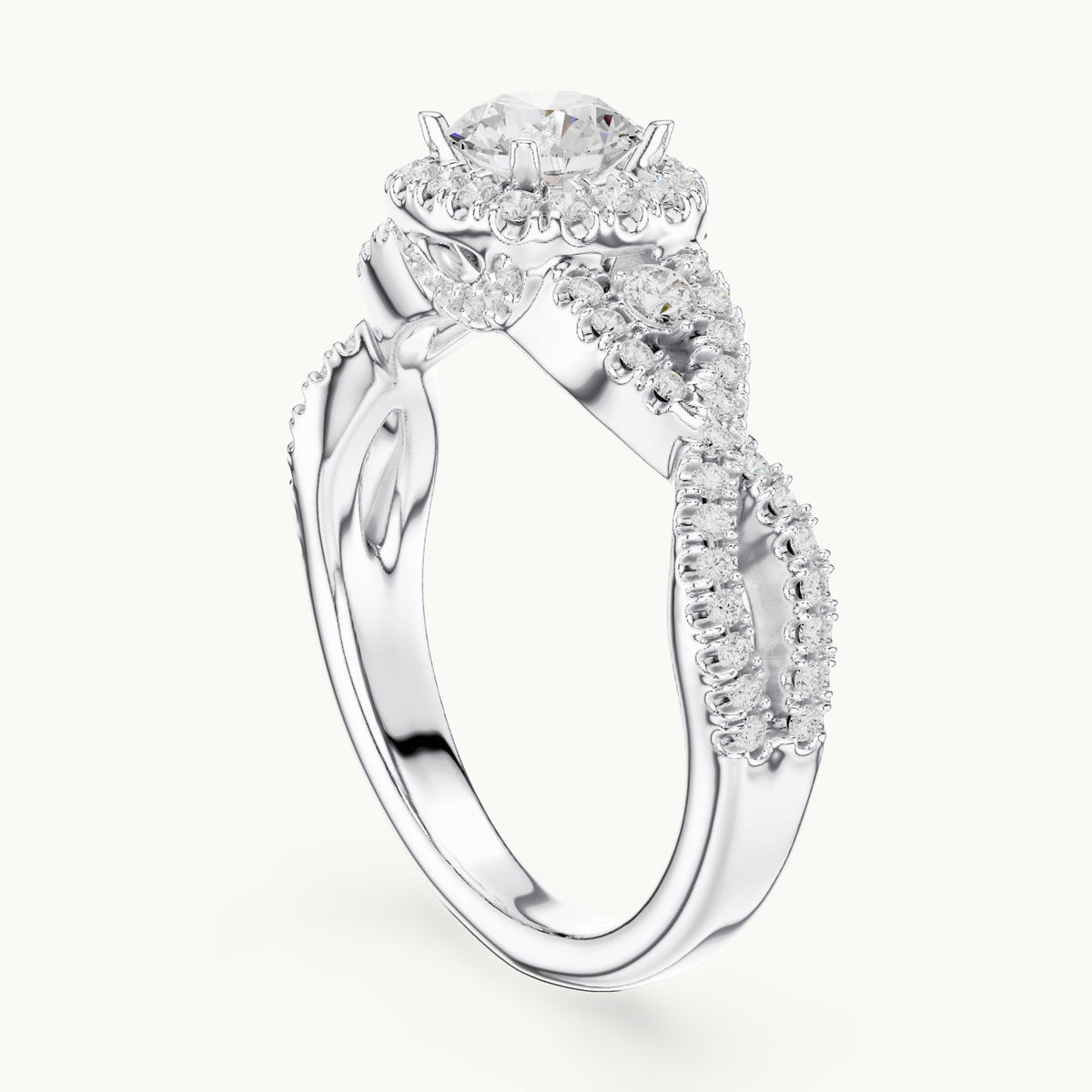 Round lab-grown diamond twisted halo engagement ring in white gold, 1.21 CT TW, view 1