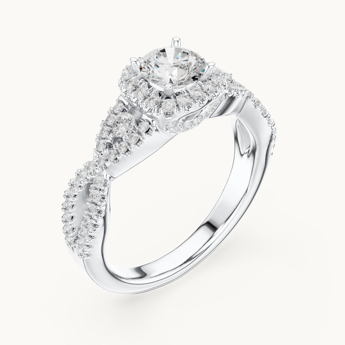 Round lab-grown diamond twisted halo engagement ring in white gold, 1.21 CT TW, view 2