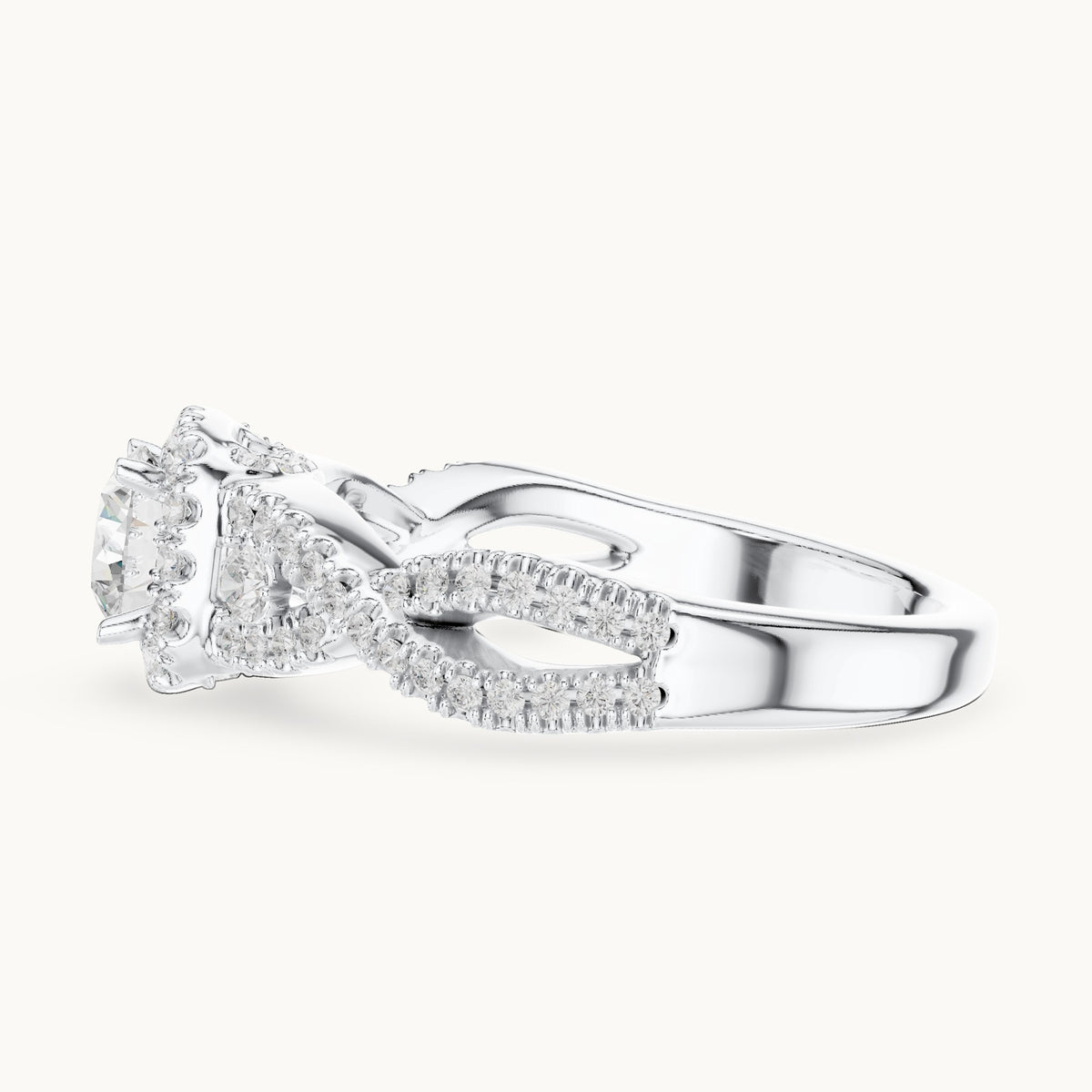 Round lab-grown diamond twisted halo engagement ring in white gold, 1.21 CT TW, view 3