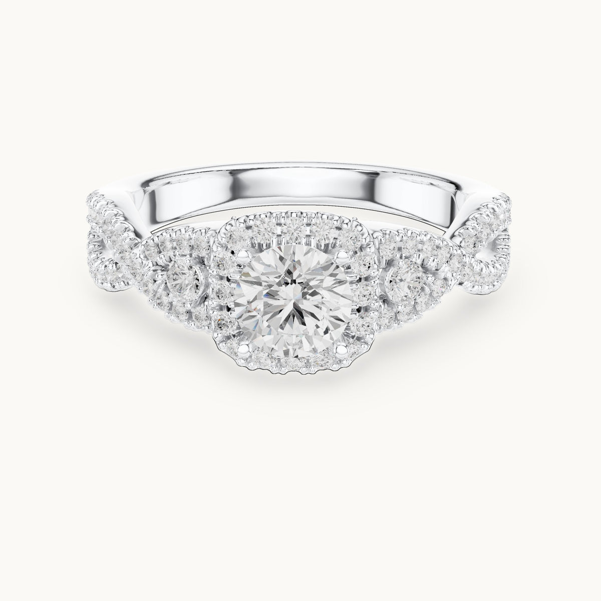 Round lab-grown diamond twisted halo engagement ring in white gold, 1.21 CT TW, view 4