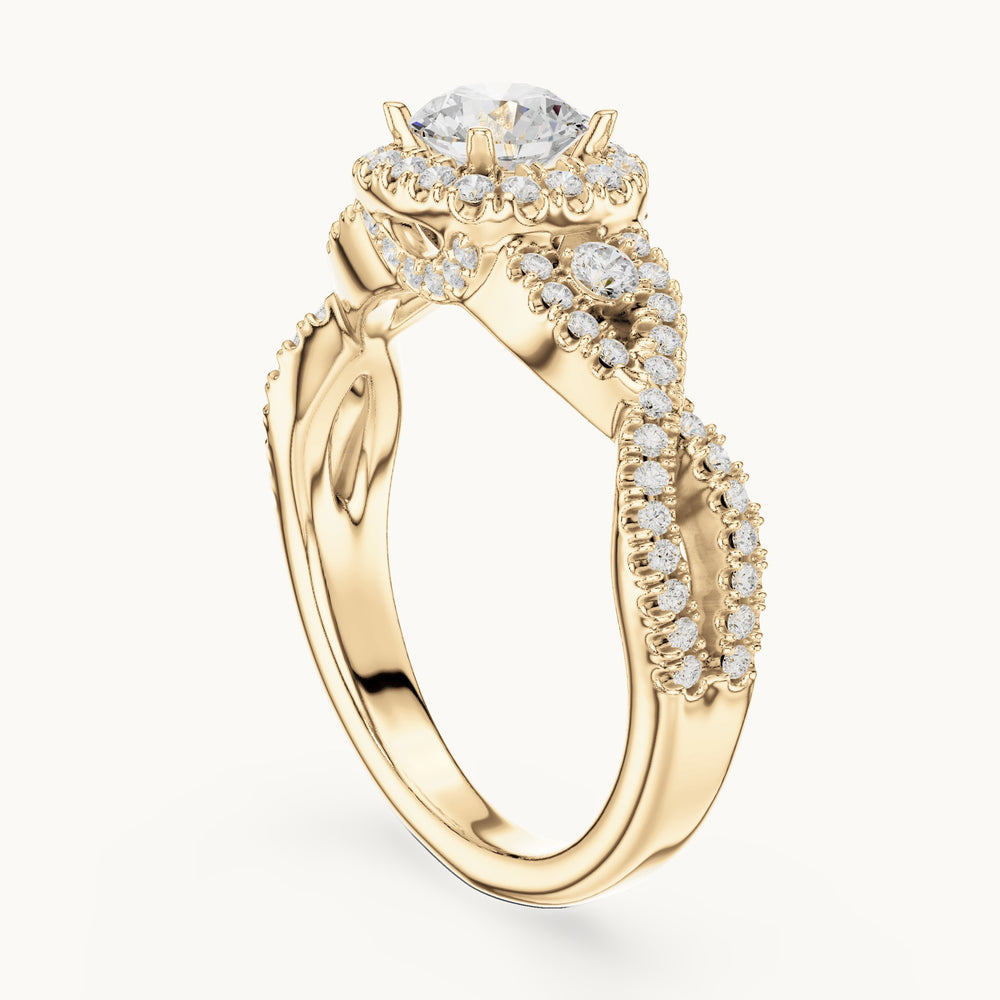 Round lab-grown diamond twisted halo engagement ring in yellow gold, 1.21 CT TW, view 1