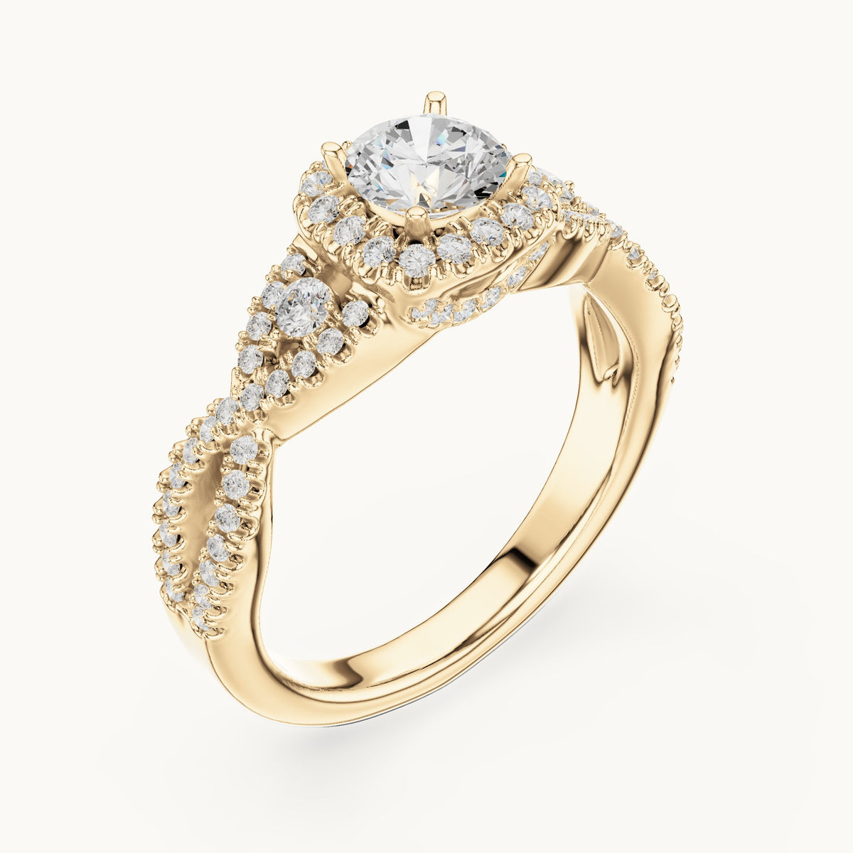 Round lab-grown diamond twisted halo engagement ring in yellow gold, 1.21 CT TW, view 2