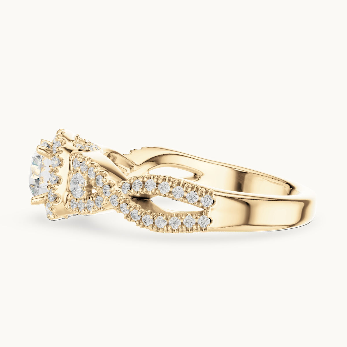 Round lab-grown diamond twisted halo engagement ring in yellow gold, 1.21 CT TW, view 3