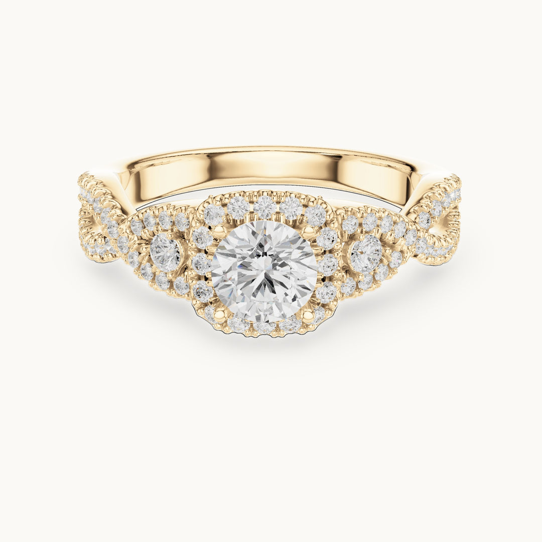 Round lab-grown diamond twisted halo engagement ring in yellow gold, 1.21 CT TW, view 4