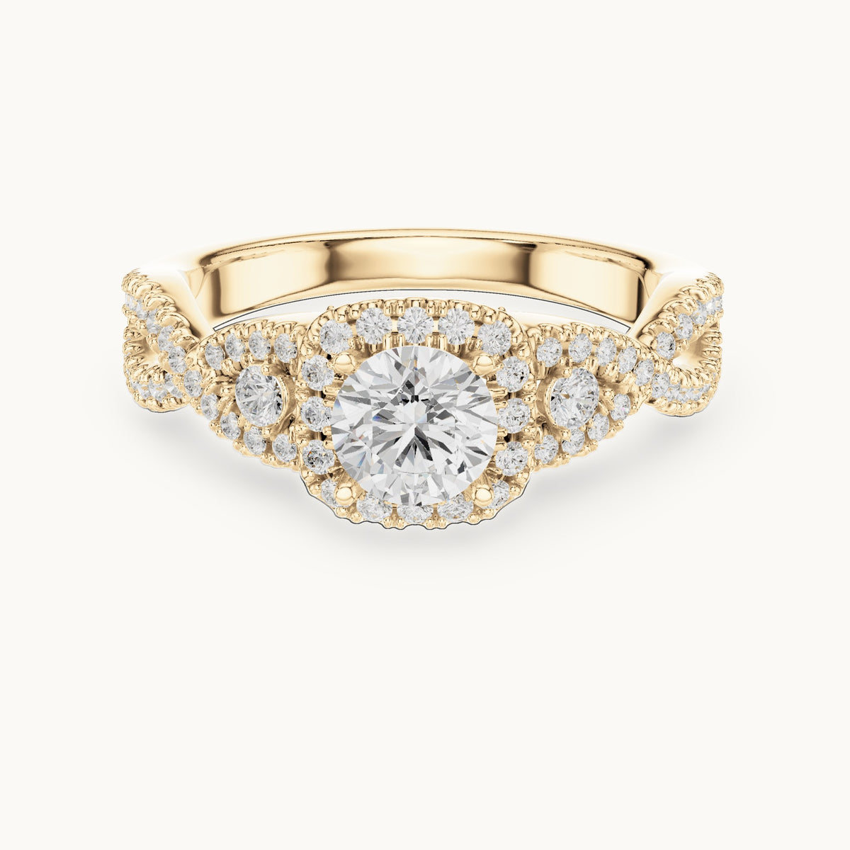 Round lab-grown diamond twisted halo engagement ring in yellow gold, 1.21 CT TW, view 4