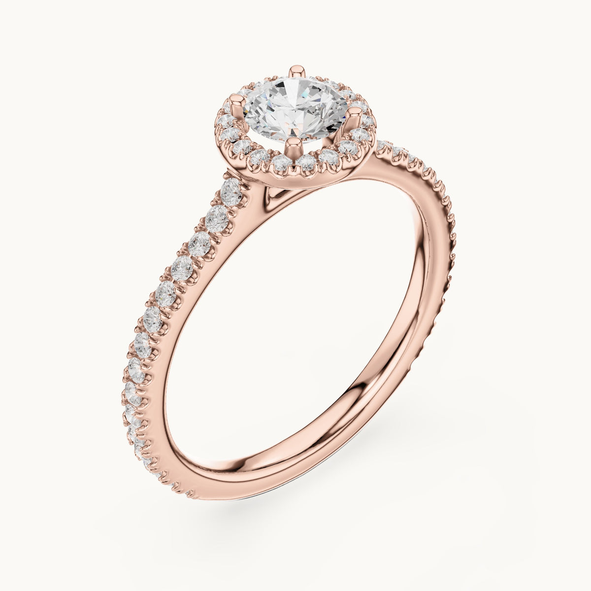 Round lab-grown diamond halo engagement ring with pavé band in rose gold, 0.97 CT TW, view 2