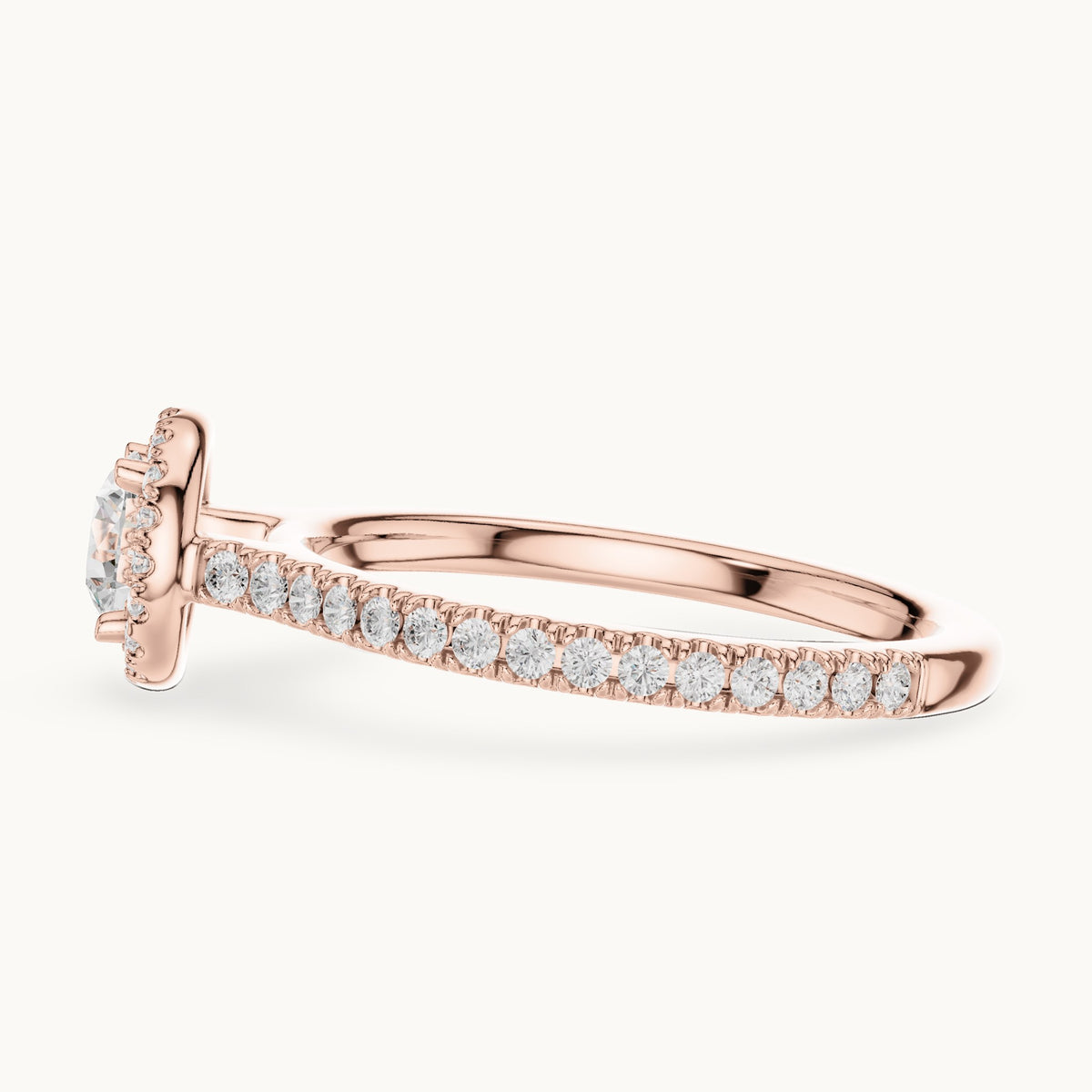 Round lab-grown diamond halo engagement ring with pavé band in rose gold, 0.97 CT TW, view 3