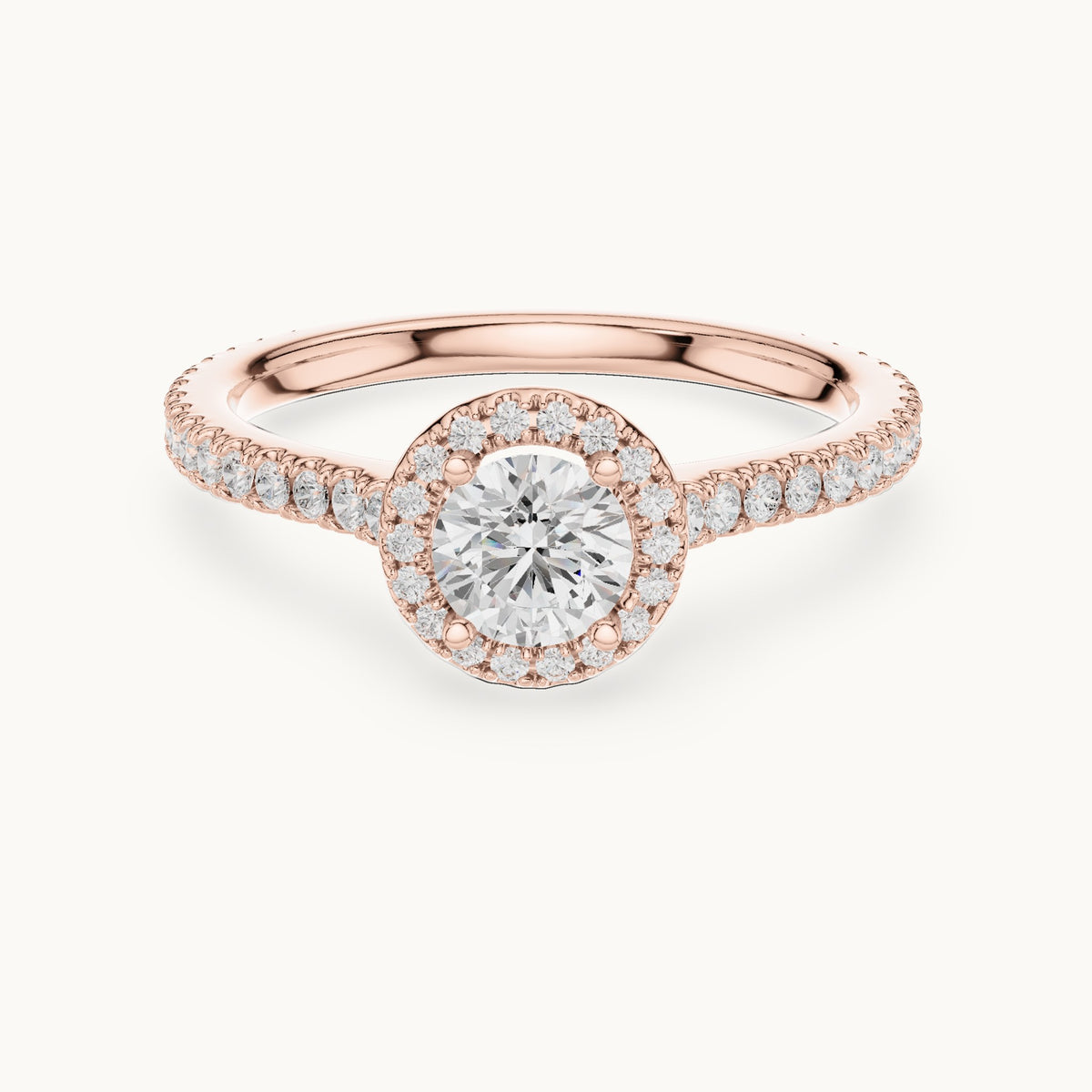Round lab-grown diamond halo engagement ring with pavé band in rose gold, 0.97 CT TW, view 4