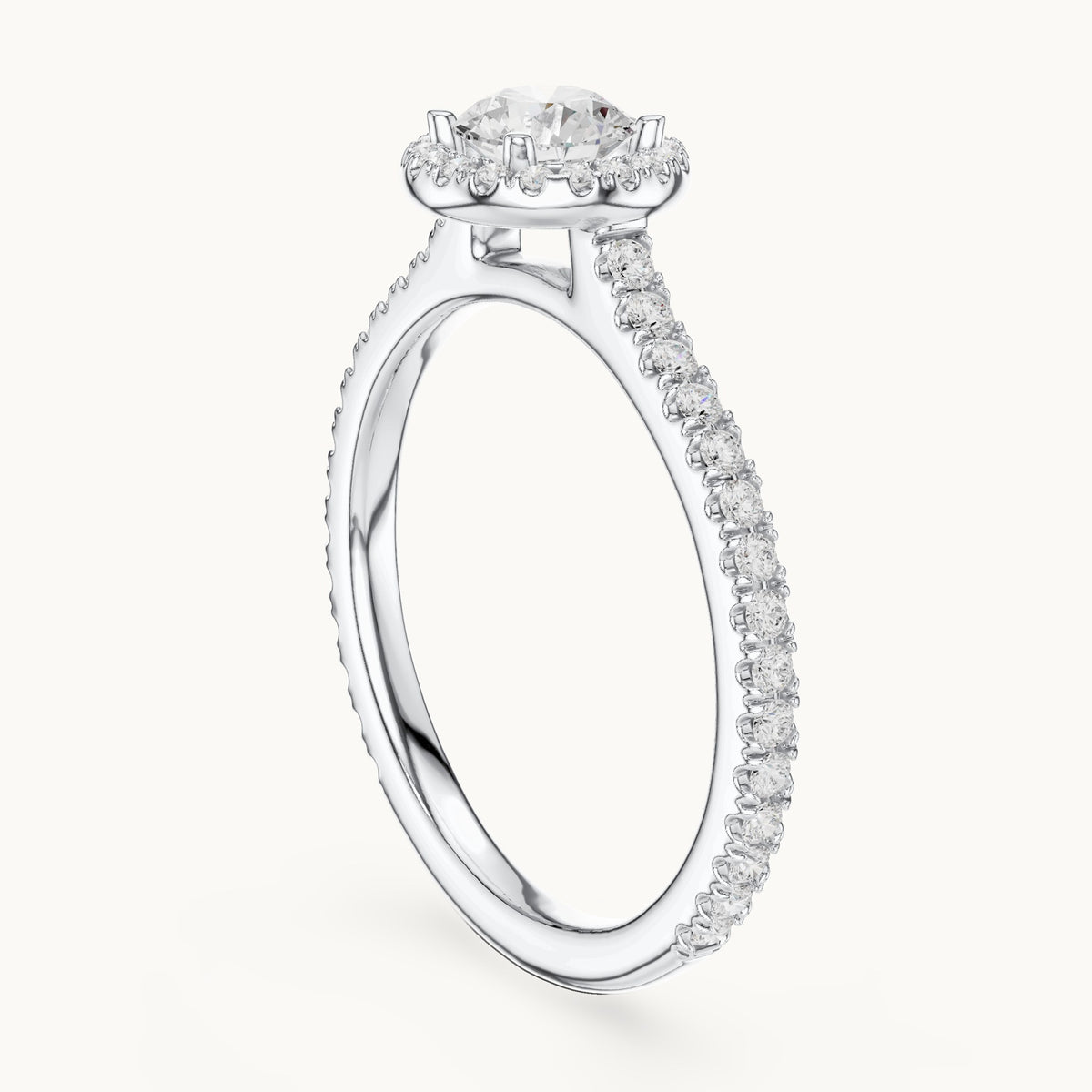 Round lab-grown diamond halo engagement ring with pavé band in white gold, 0.97 CT TW, view 1