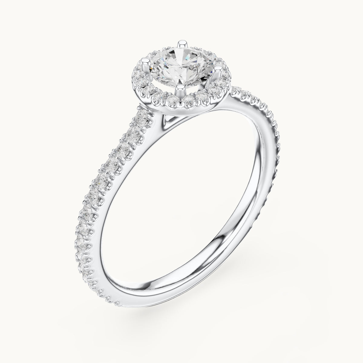 Round lab-grown diamond halo engagement ring with pavé band in white gold, 0.97 CT TW, view 2