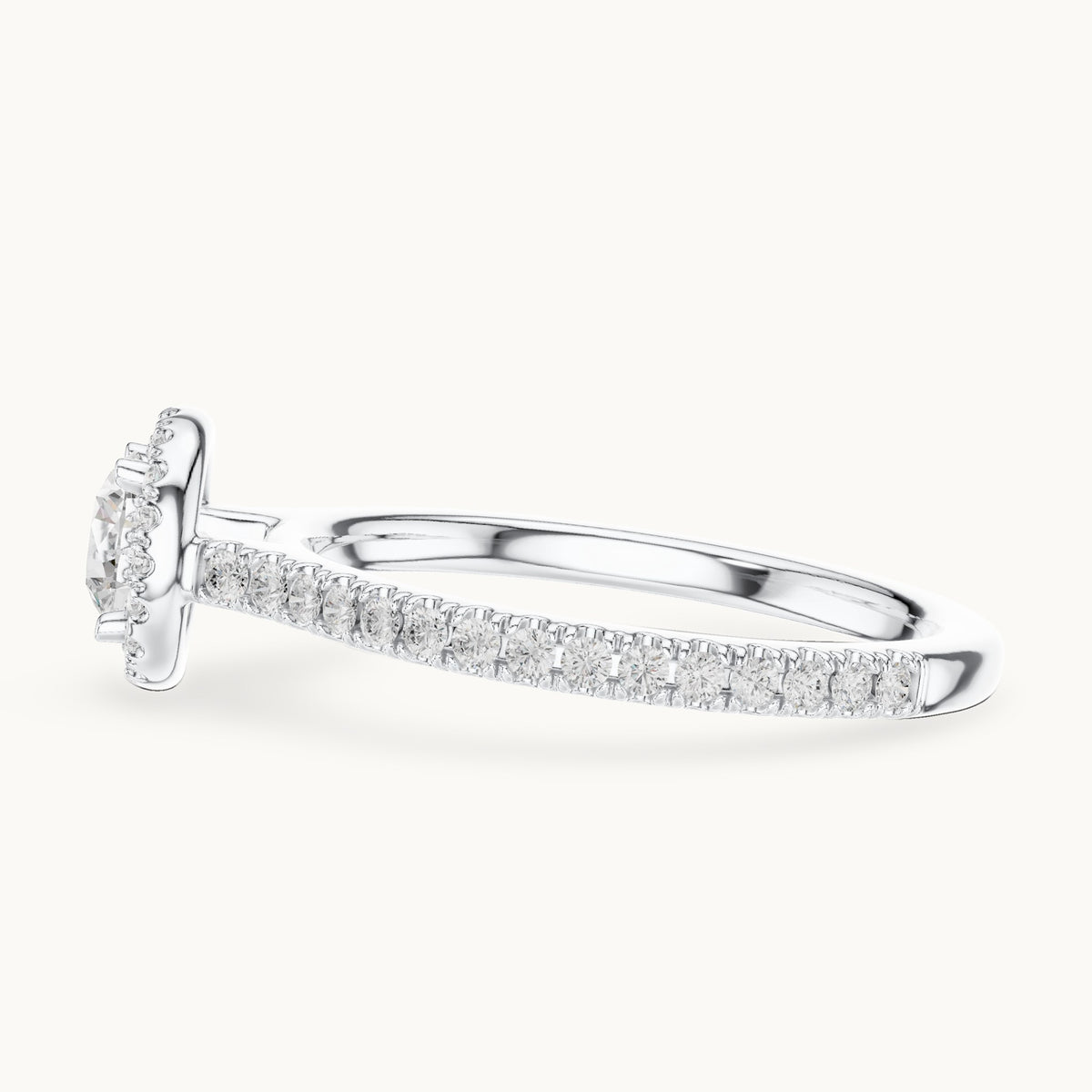 Round lab-grown diamond halo engagement ring with pavé band in white gold, 0.97 CT TW, view 3