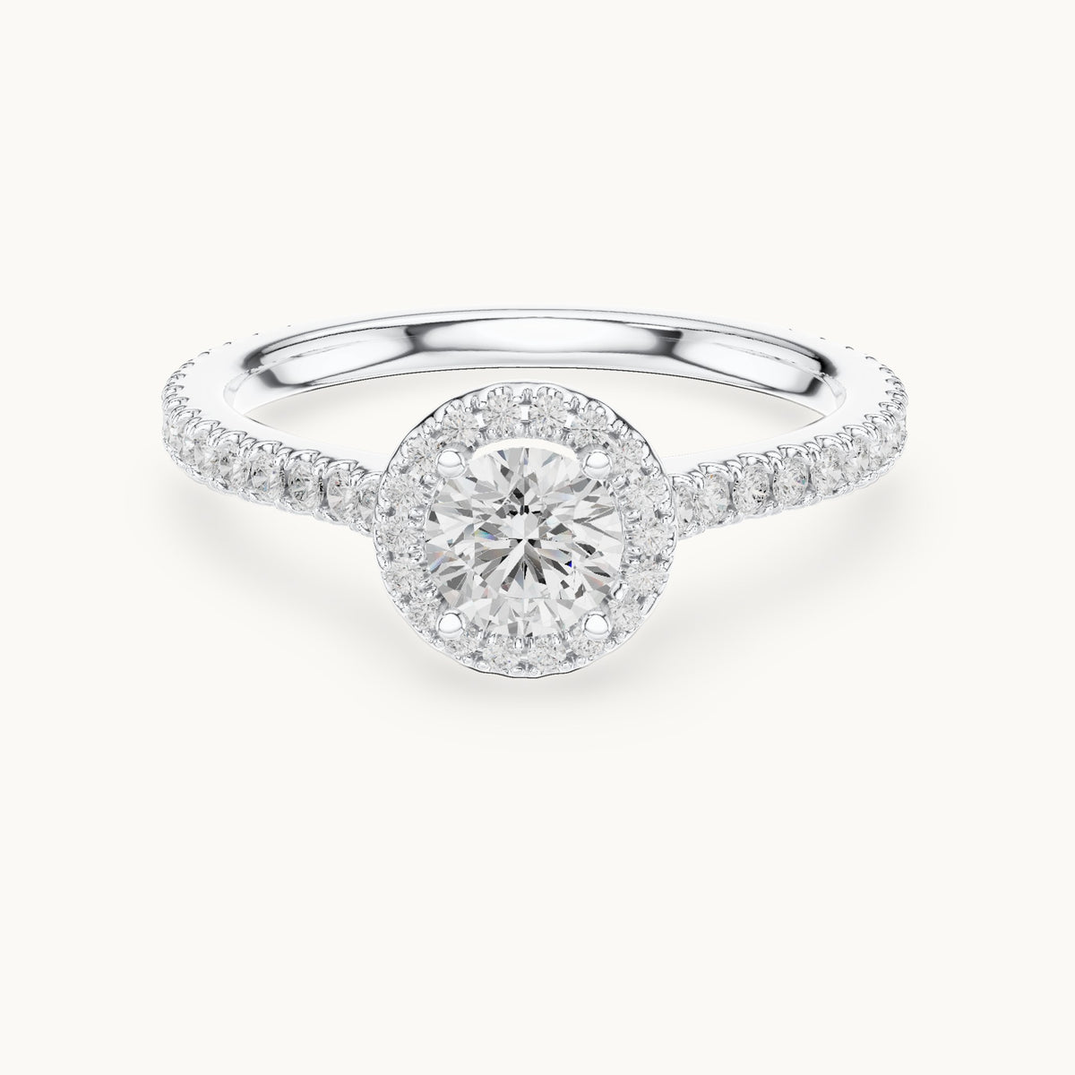 Round lab-grown diamond halo engagement ring with pavé band in white gold, 0.97 CT TW, view 4