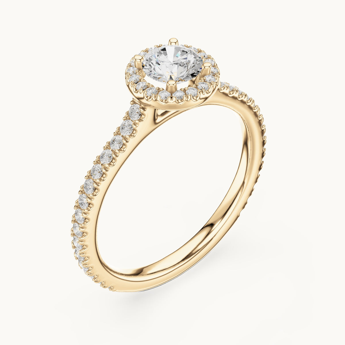 Round lab-grown diamond halo engagement ring with pavé band in yellow gold, 0.97 CT TW, view 2