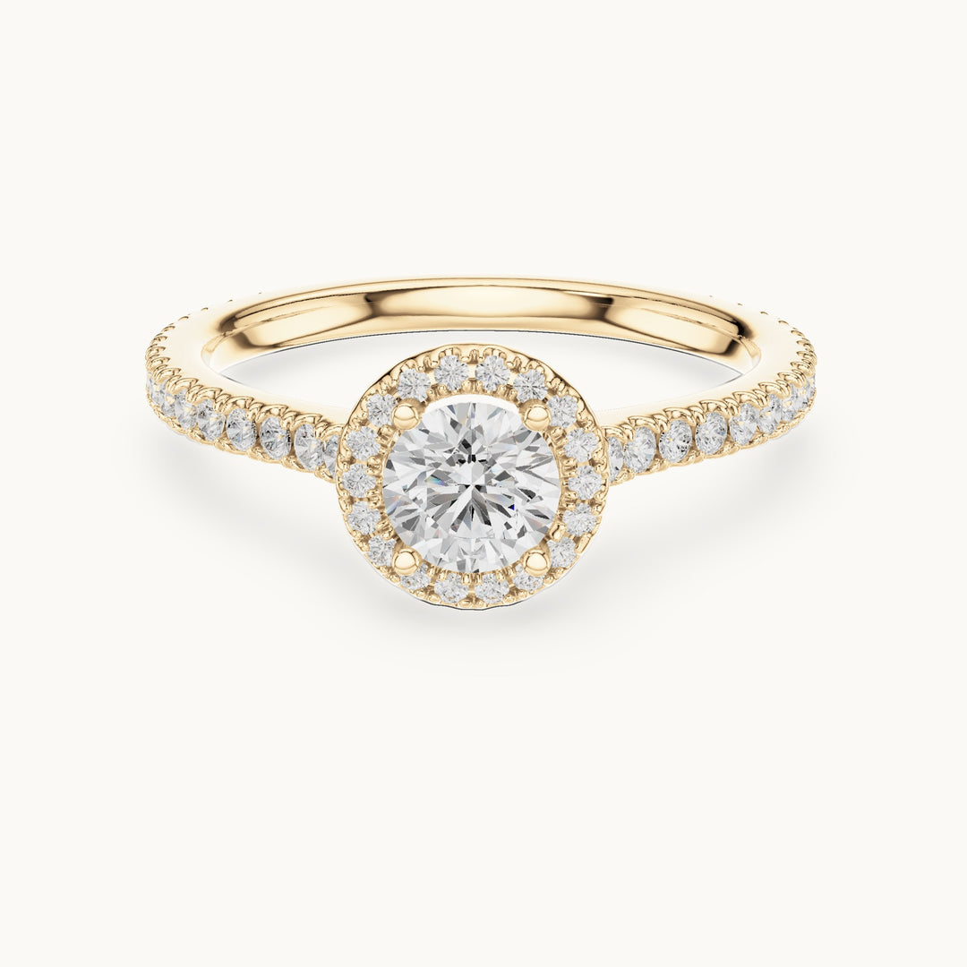 Round lab-grown diamond halo engagement ring with pavé band in yellow gold, 0.97 CT TW, view 4
