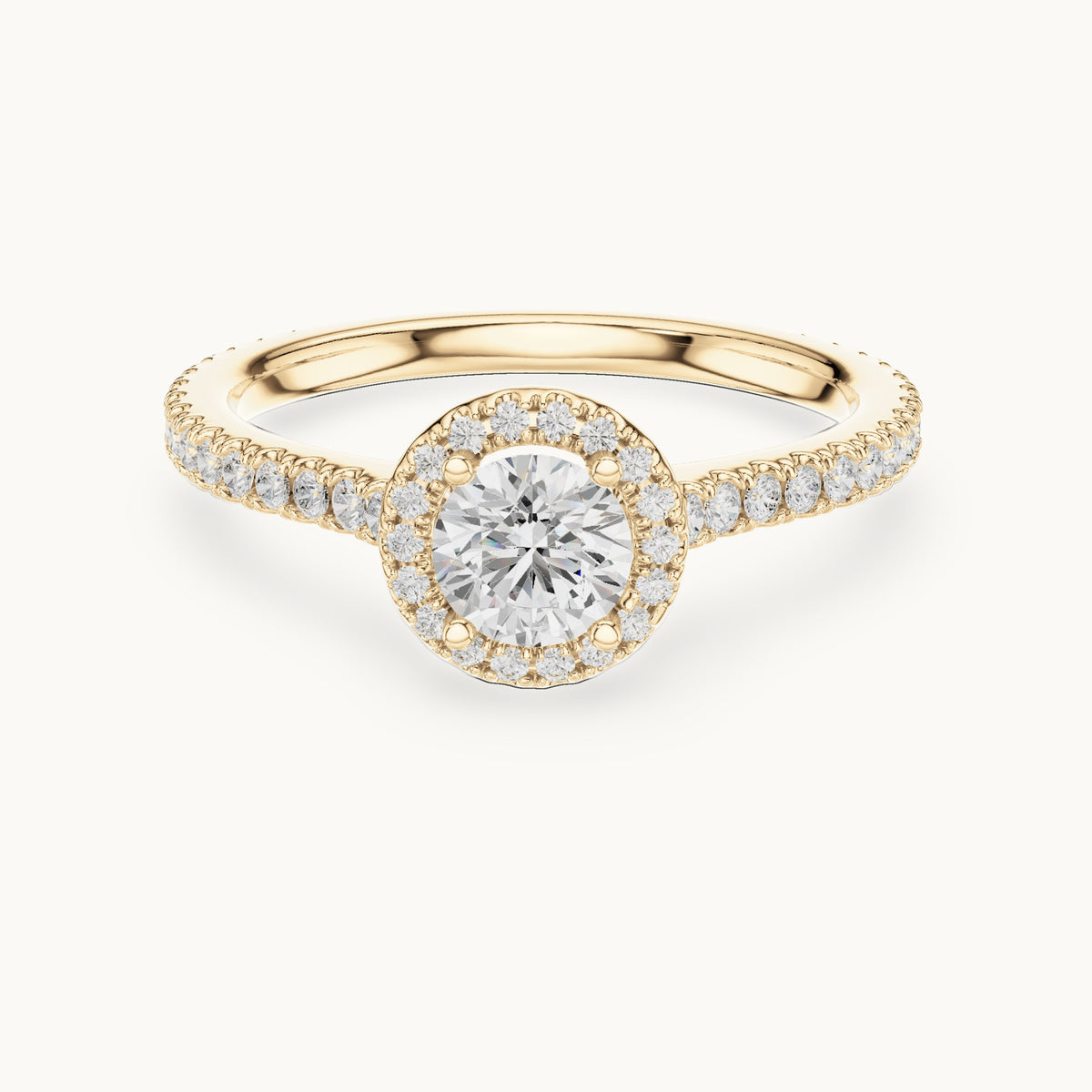 Round lab-grown diamond halo engagement ring with pavé band in yellow gold, 0.97 CT TW, view 4