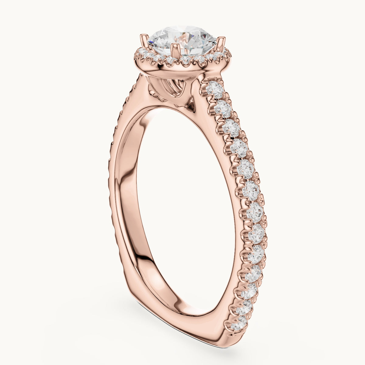 Round lab-grown diamond halo engagement ring with pavé shank in rose gold, 1.428 CT TW, view 1