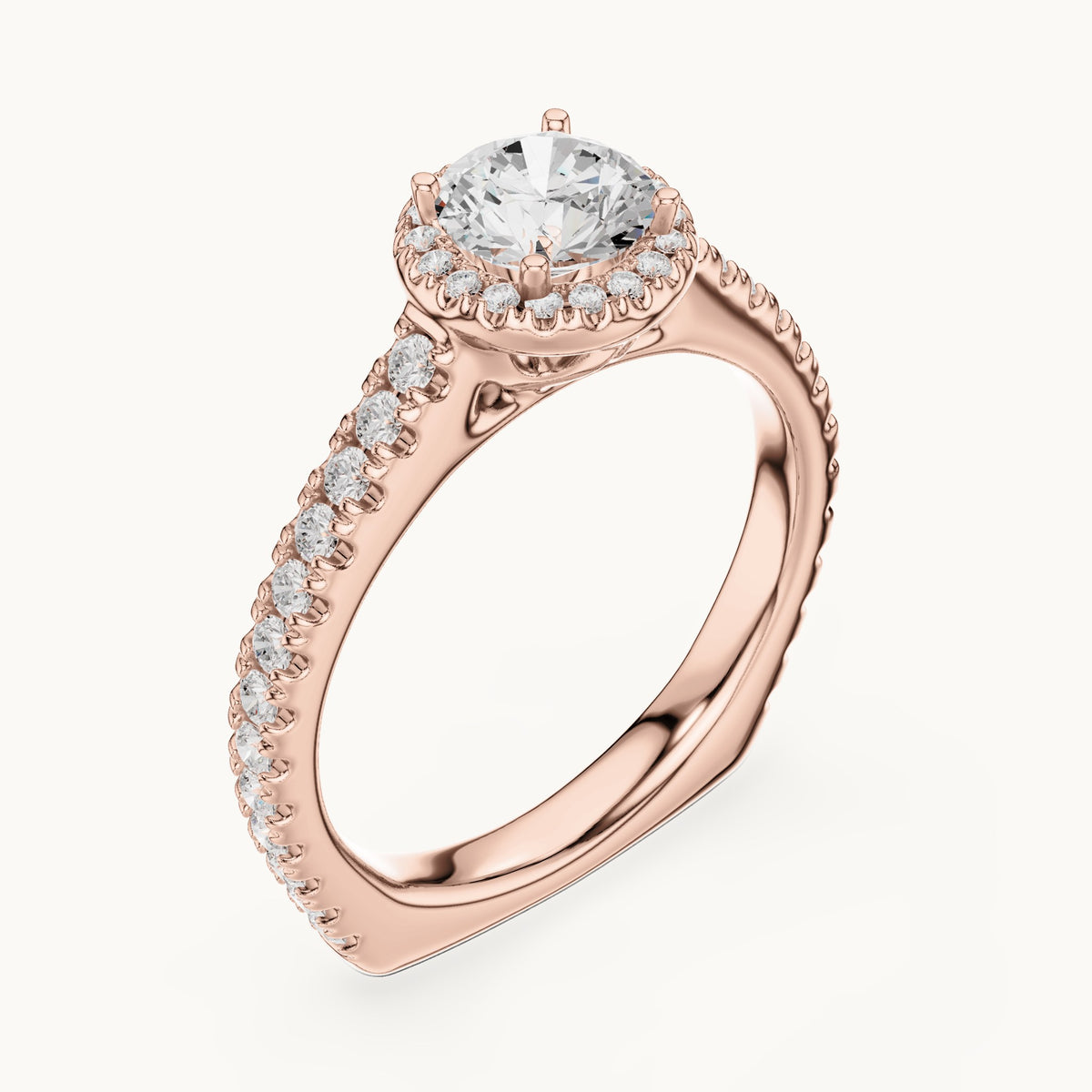 Round lab-grown diamond halo engagement ring with pavé shank in rose gold, 1.428 CT TW, view 2