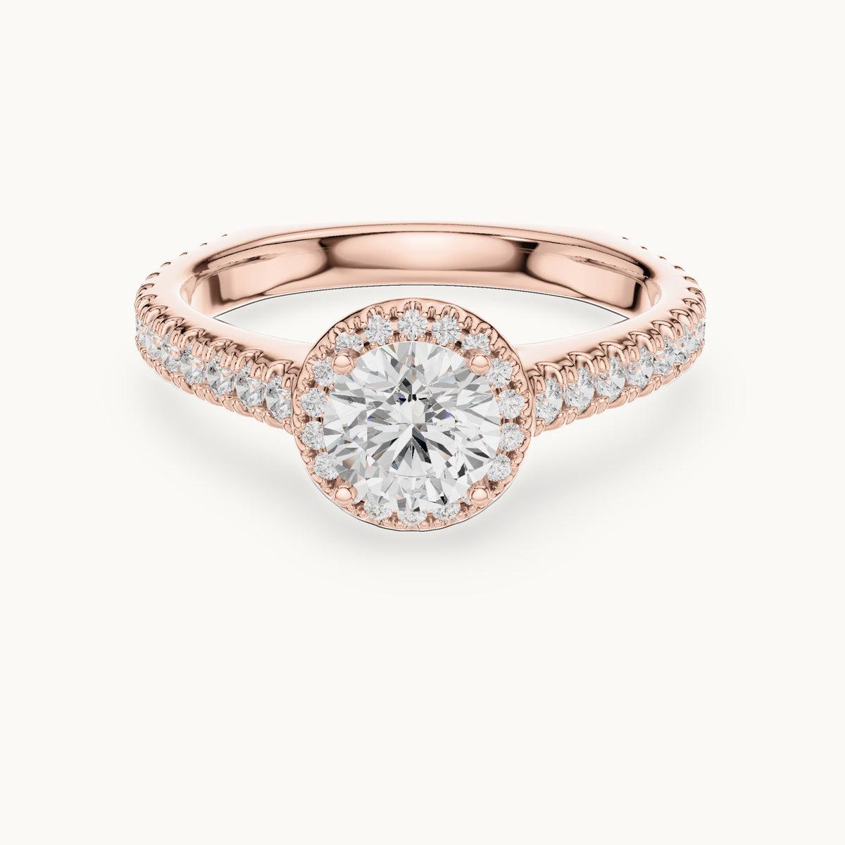 Round lab-grown diamond halo engagement ring with pavé shank in rose gold, 1.428 CT TW, view 4