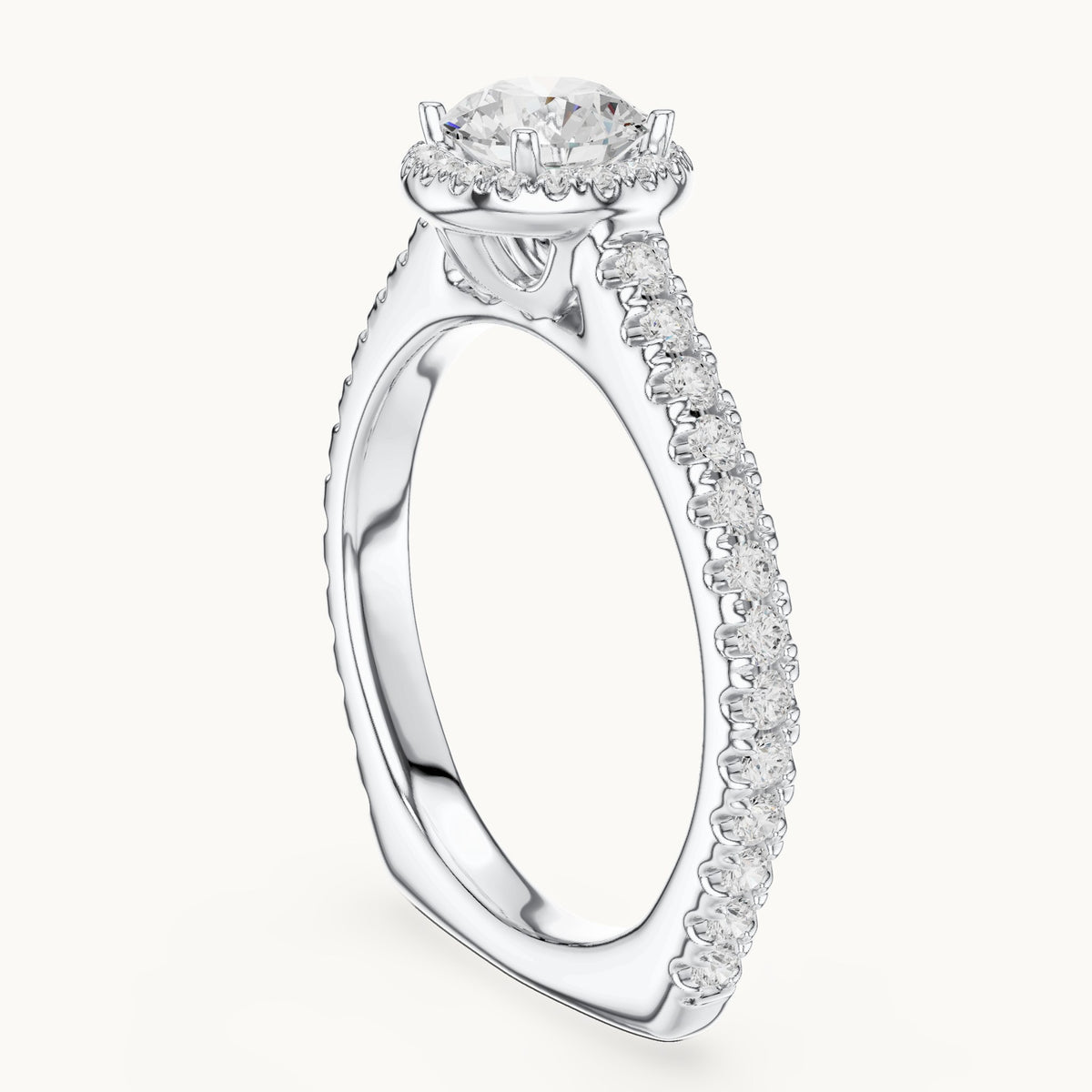 Round lab-grown diamond halo engagement ring with pavé shank in white gold, 1.428 CT TW, view 1