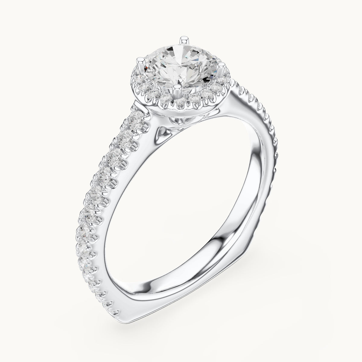 Round lab-grown diamond halo engagement ring with pavé shank in white gold, 1.428 CT TW, view 2