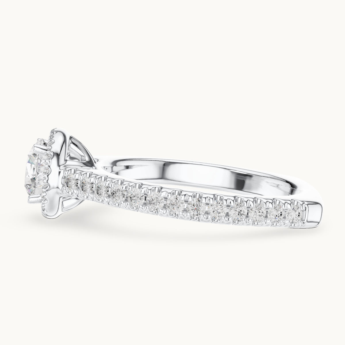 Round lab-grown diamond halo engagement ring with pavé shank in white gold, 1.428 CT TW, view 3