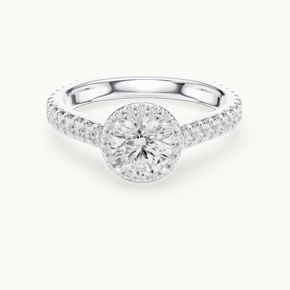 Round lab-grown diamond halo engagement ring with pavé shank in white gold, 1.428 CT TW, view 4