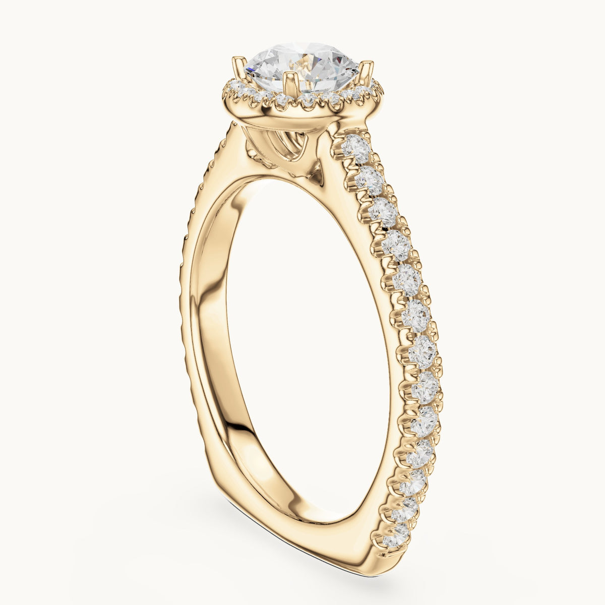 Round lab-grown diamond halo engagement ring with pavé shank in yellow gold, 1.428 CT TW, view 1