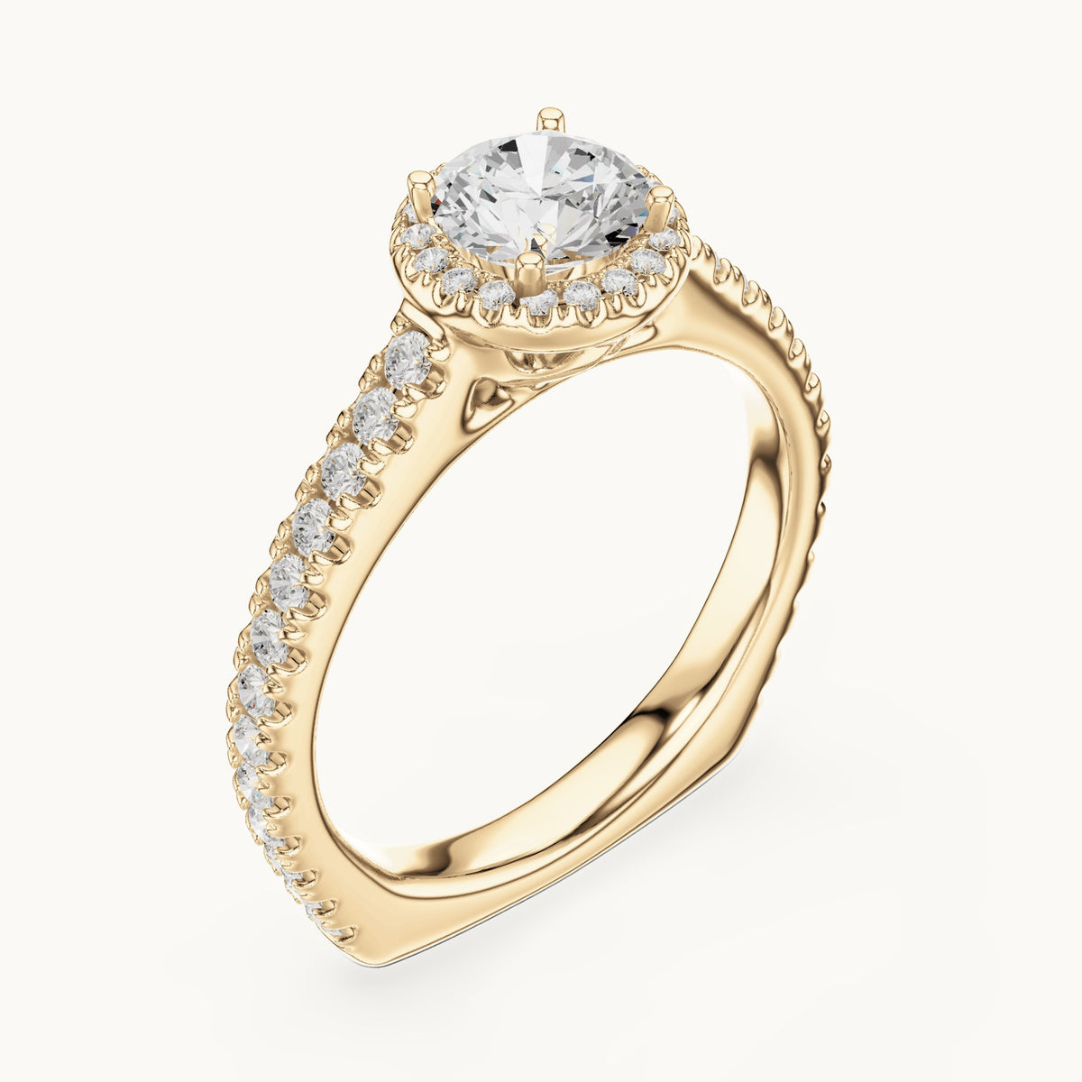 Round lab-grown diamond halo engagement ring with pavé shank in yellow gold, 1.428 CT TW, view 2