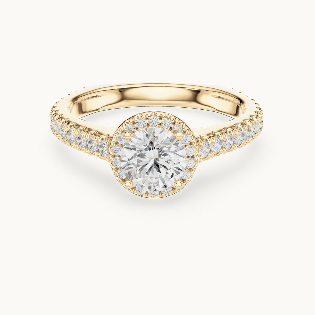 Round lab-grown diamond halo engagement ring with pavé shank in yellow gold, 1.428 CT TW, view 4