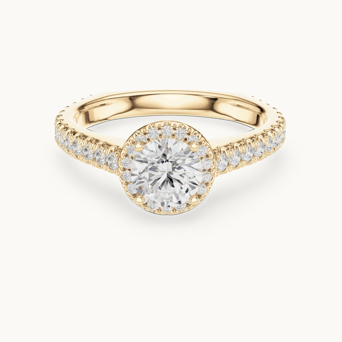 Round lab-grown diamond halo engagement ring with pavé shank in yellow gold, 1.428 CT TW, view 4