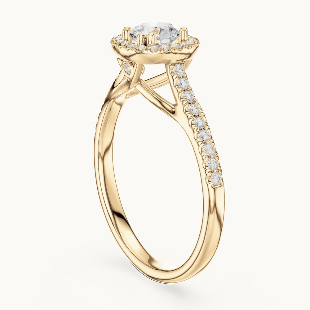 Round lab-grown diamond cushion-shaped halo engagement ring in yellow gold, 0.79 CT TW, view 1