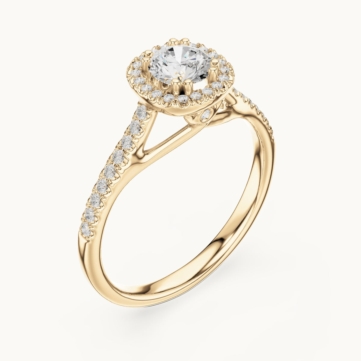 Round lab-grown diamond cushion-shaped halo engagement ring in yellow gold, 0.79 CT TW, view 2