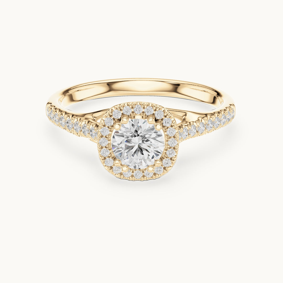 Round lab-grown diamond cushion-shaped halo engagement ring in yellow gold, 0.79 CT TW, view 4