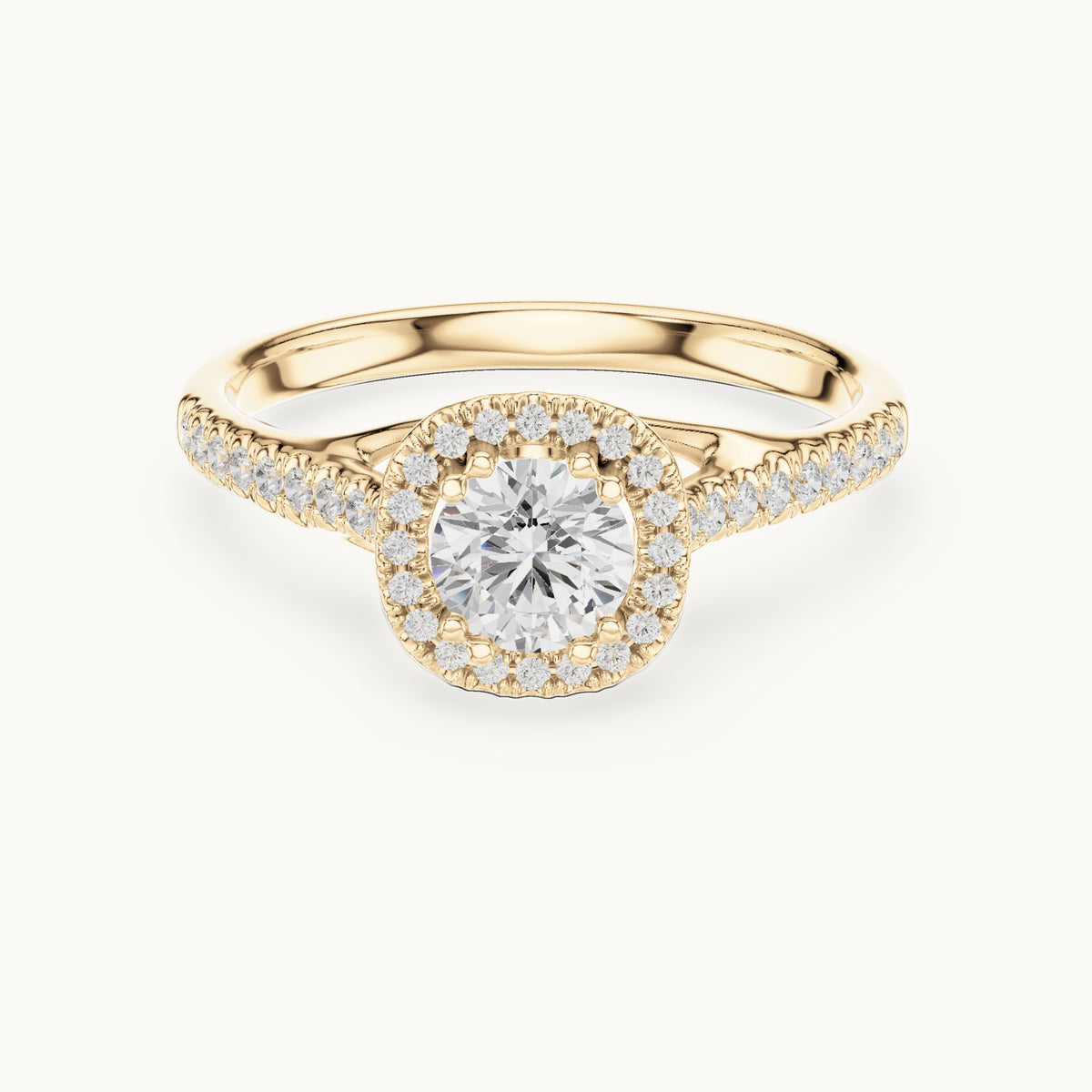 Round lab-grown diamond cushion-shaped halo engagement ring in yellow gold, 0.79 CT TW, view 4