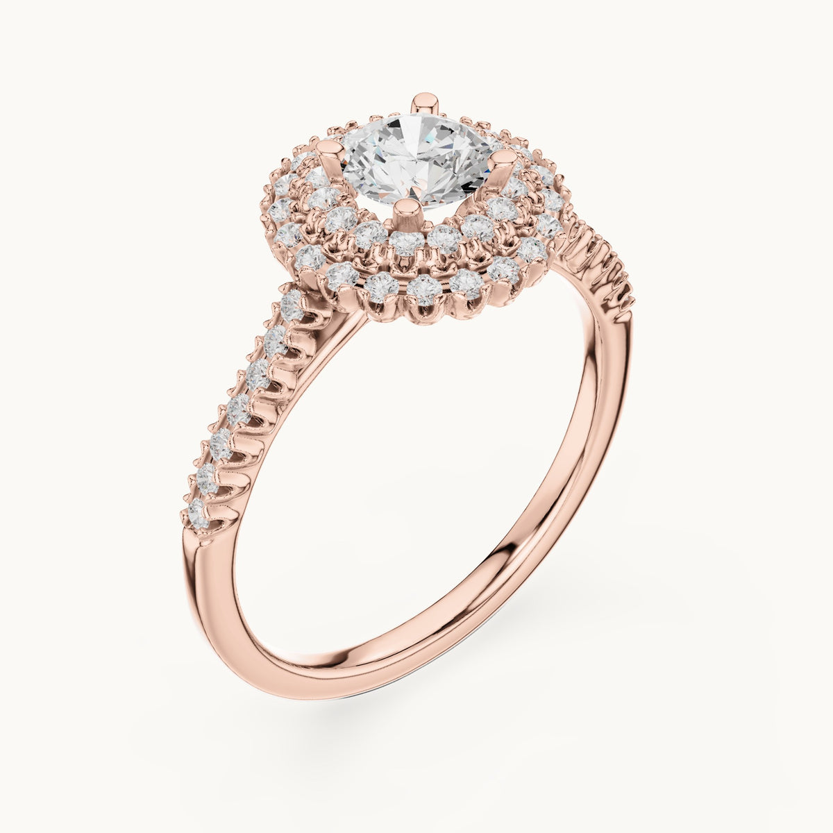 Round lab-grown diamond petite double halo engagement ring in rose gold, 1.02 CT TW, view 2