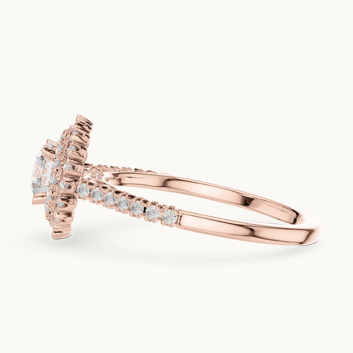 Round lab-grown diamond petite double halo engagement ring in rose gold, 1.02 CT TW, view 3