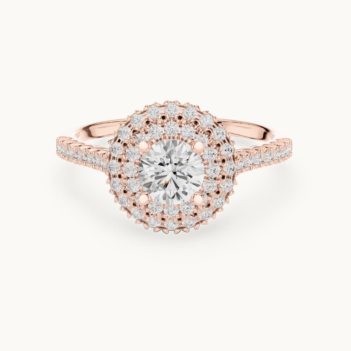 Round lab-grown diamond petite double halo engagement ring in rose gold, 1.02 CT TW, view 4