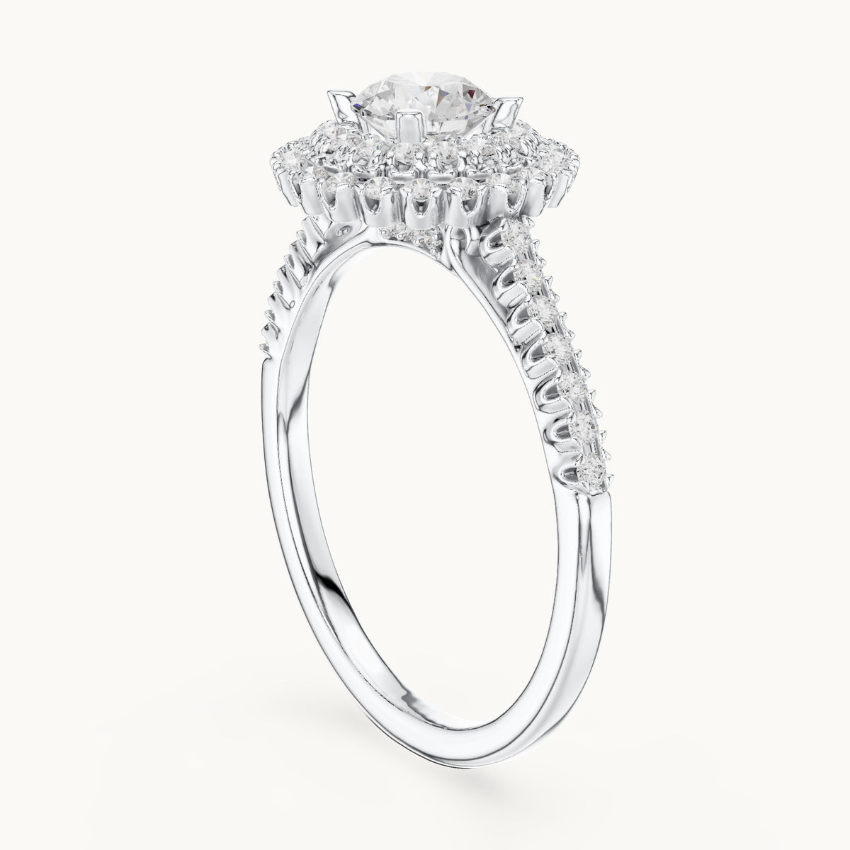 Round lab-grown diamond petite double halo engagement ring in white gold, 1.02 CT TW, view 1