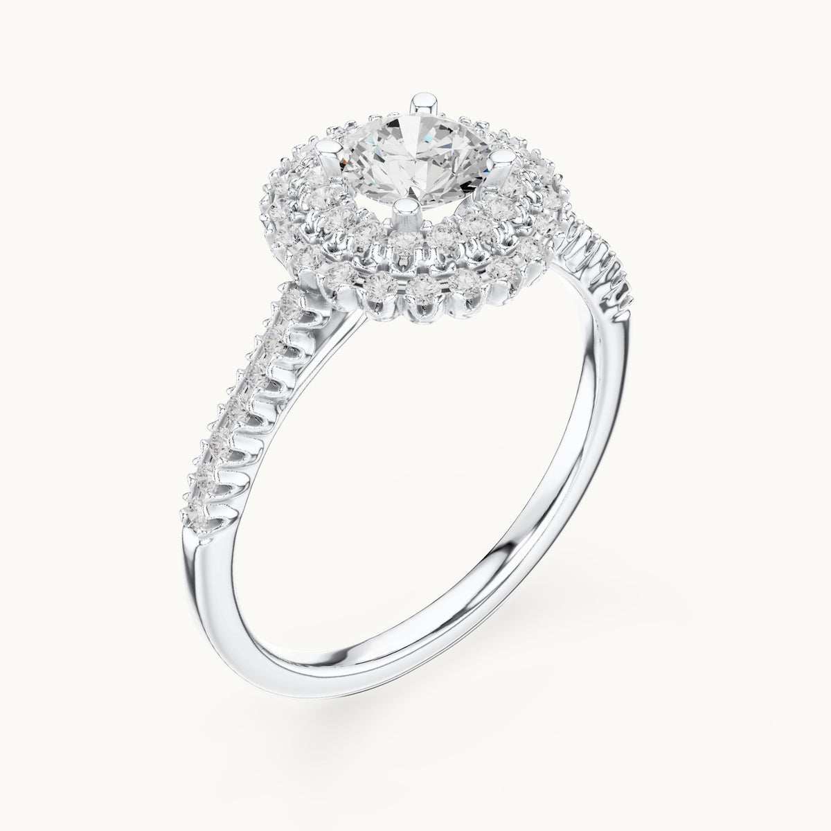 Round lab-grown diamond petite double halo engagement ring in white gold, 1.02 CT TW, view 2