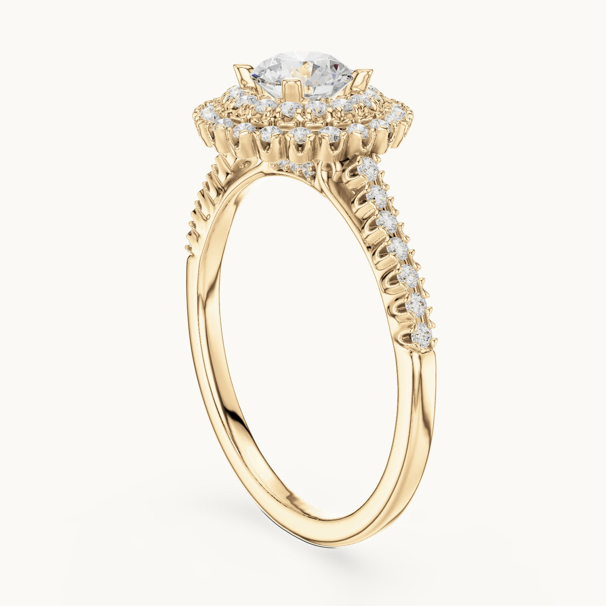 Round lab-grown diamond petite double halo engagement ring in yellow gold, 1.02 CT TW, view 1